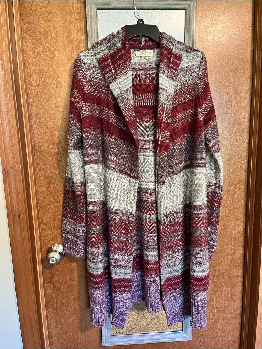 Striped Hooded Longline Sweater Cardigan - Burgundy & Gray